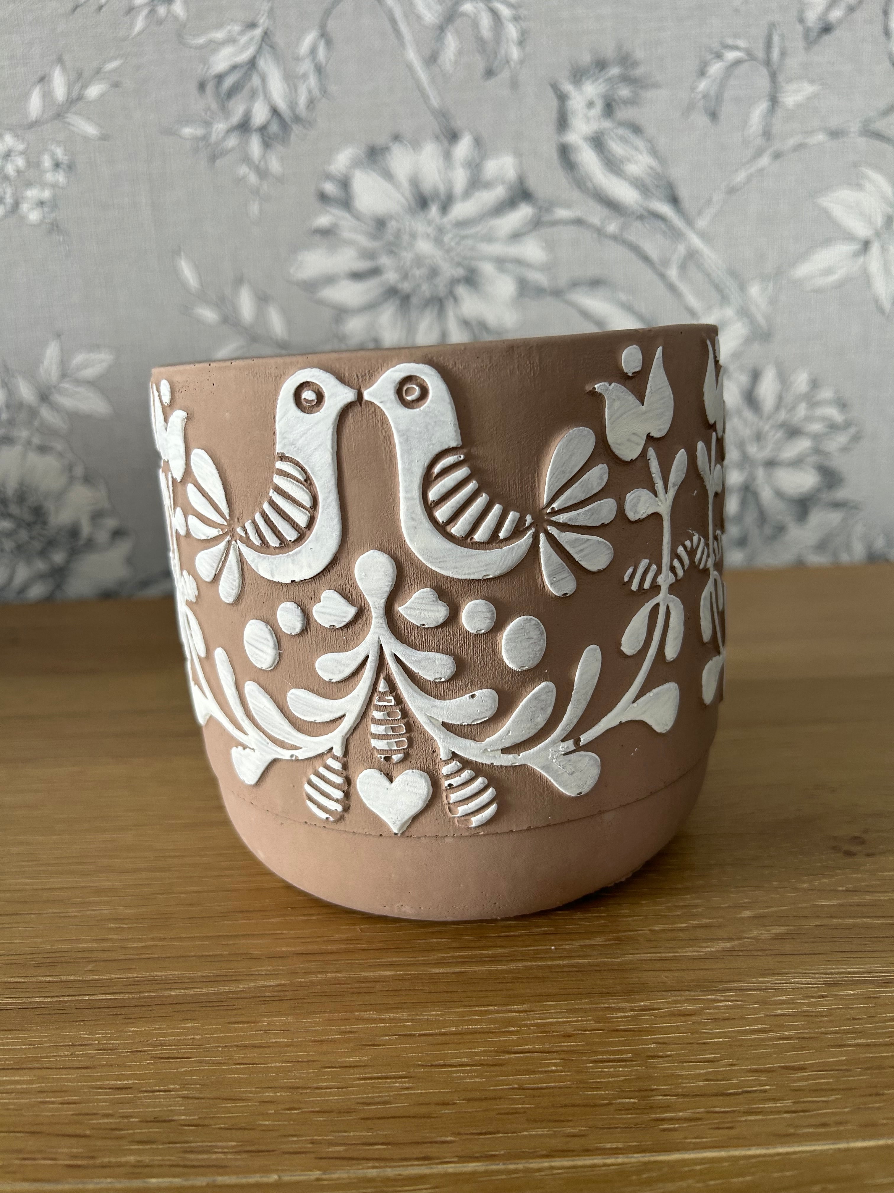 Folk Art Bird Design Pot Beige Medium