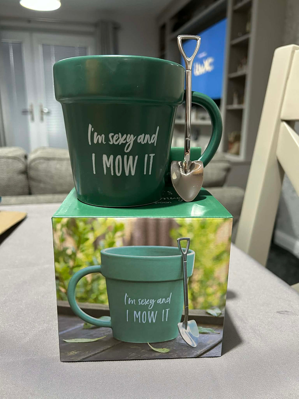 I'm Sexy and I Mow It Novelty Mug And Shovel Tea Spoon.
