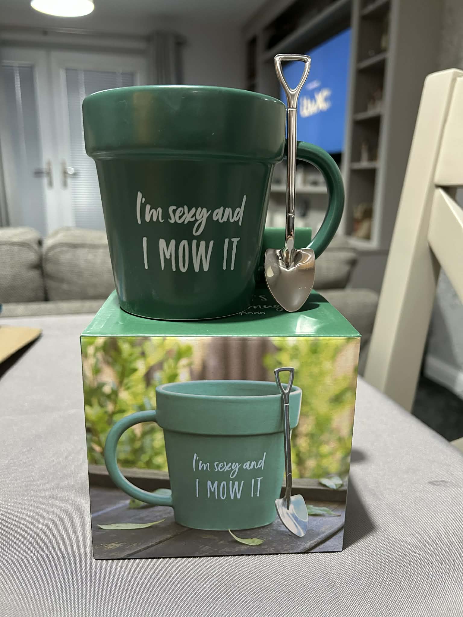 I'm Sexy and I Mow It Novelty Mug And Shovel Tea Spoon.