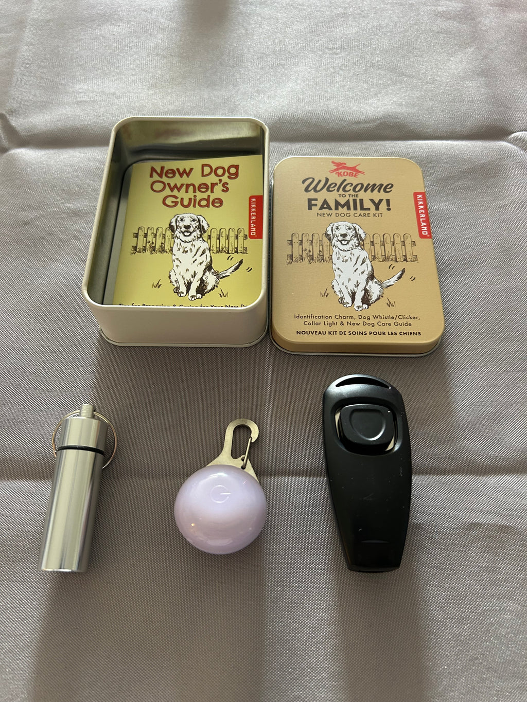 Welcome To The Family New Dog Care Kit ID Charm Whistle/Clicker Collar Light