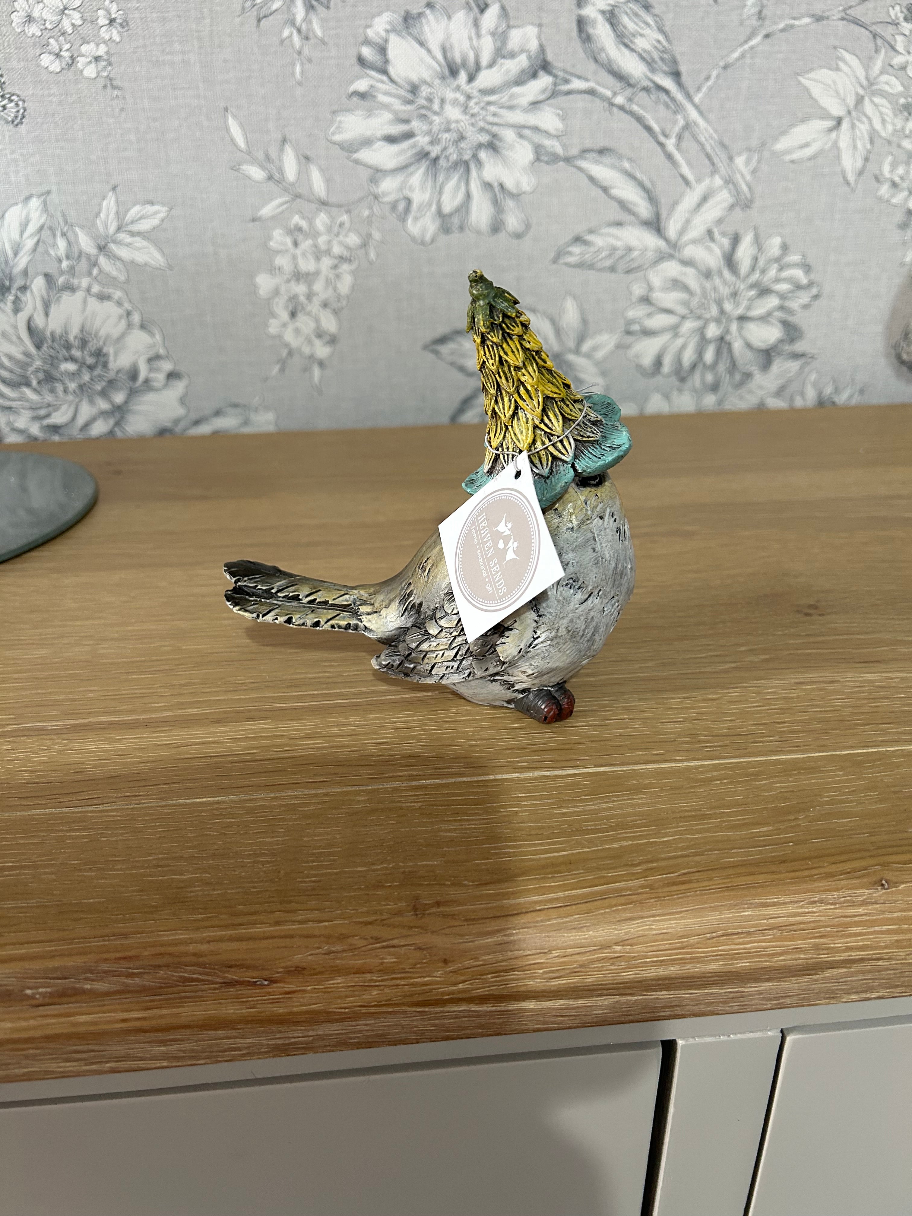 Resin Birds in a Blue and Yellow floral Hat