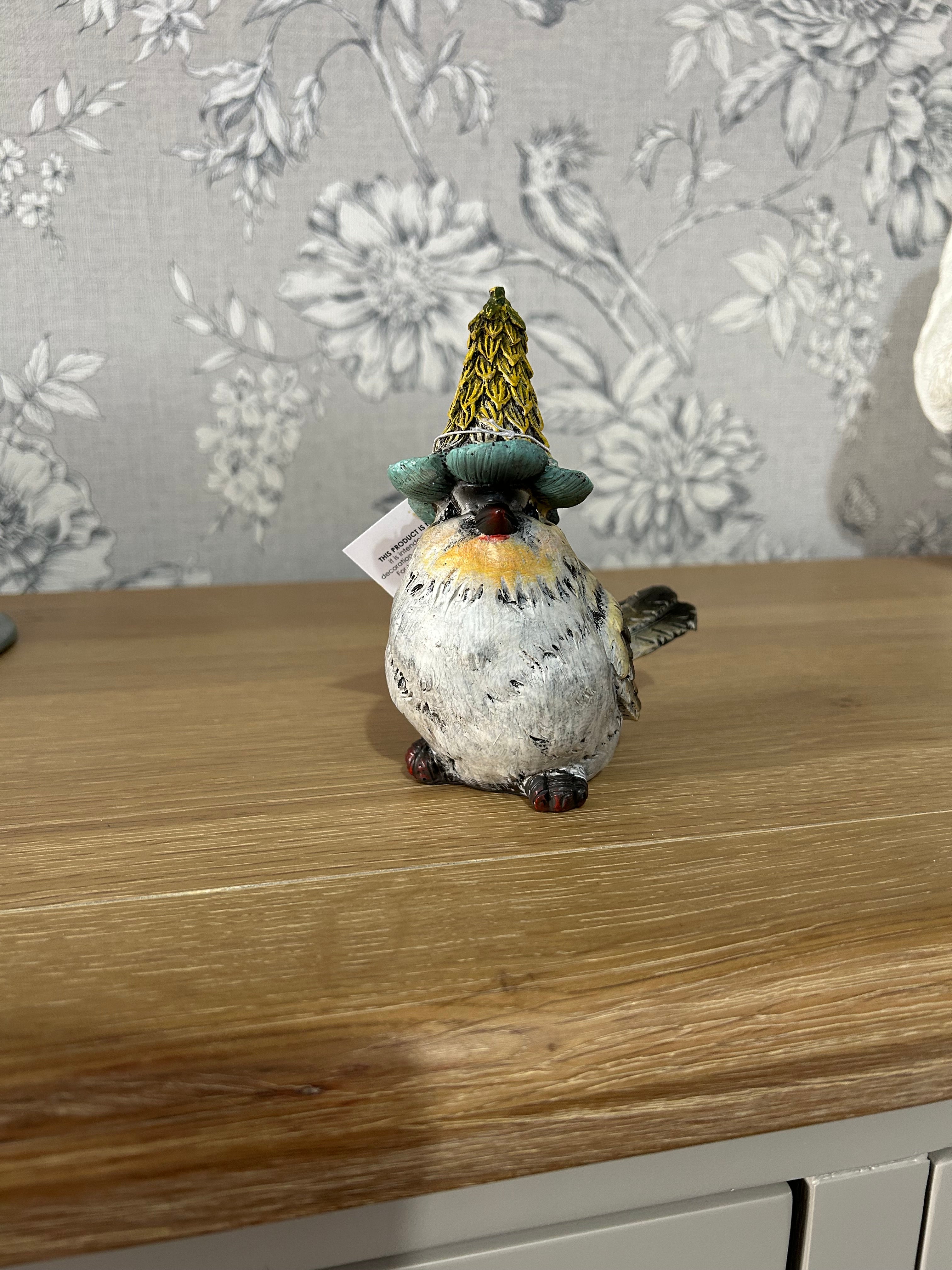 Resin Birds in a Blue and Yellow floral Hat