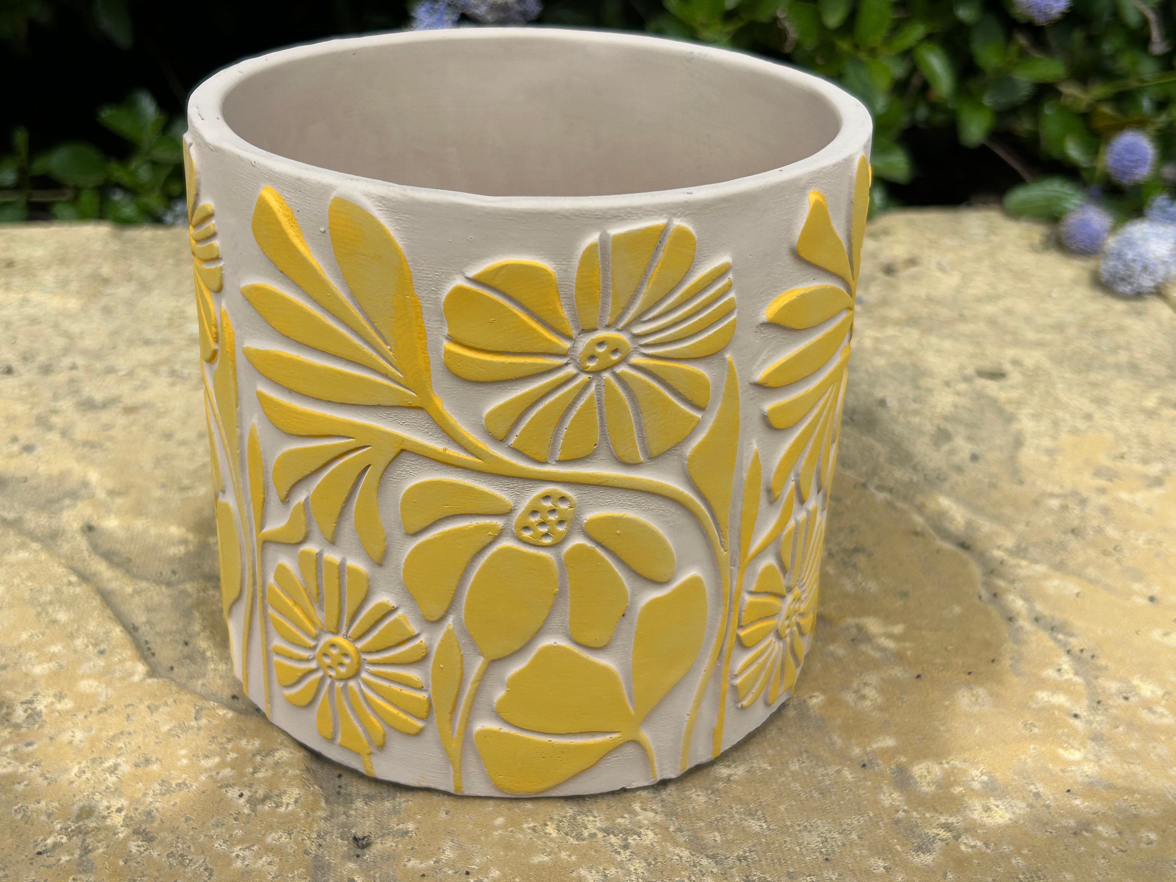 Yellow Floral Cement Plant Pot Large