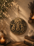 Decorative wall hanging with rabbits and a moon on a textured wall with candles and plants.
