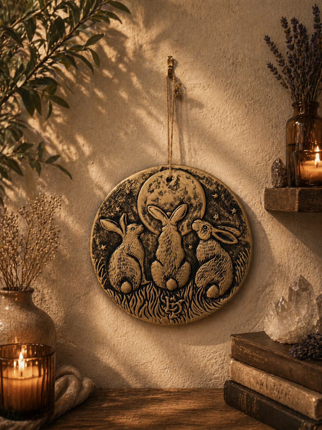 Decorative wall hanging with rabbits and a moon on a textured wall with candles and plants.