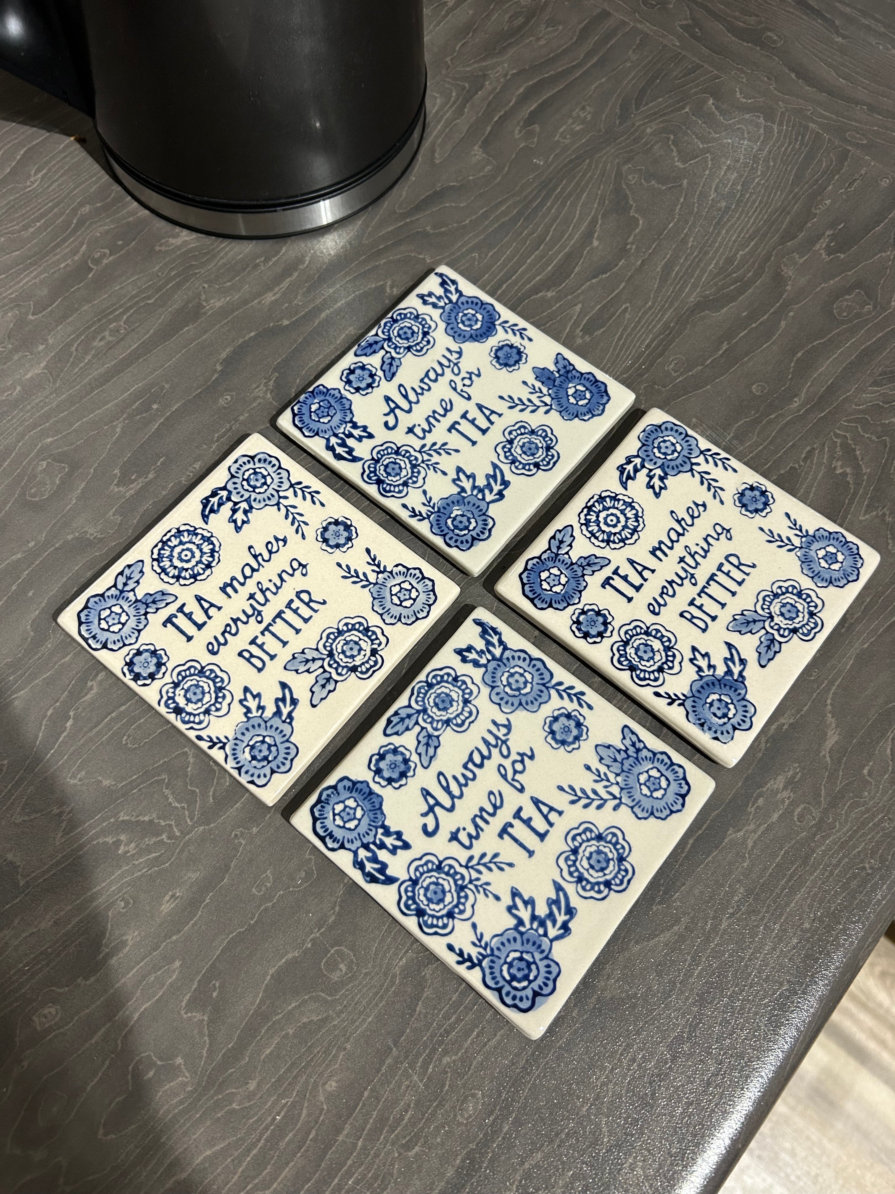Set of 4 Blue Willow Ceramic Coasters Heat Resistant Sass & Belle