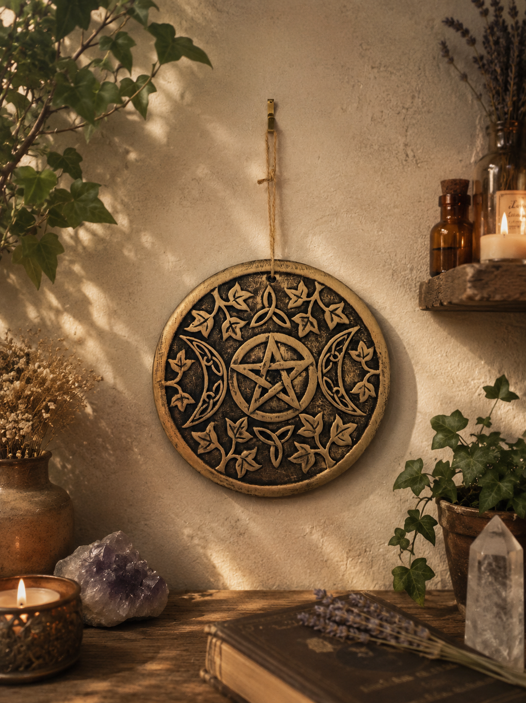 Lisa Parker inspired triple moon terracotta plaque 20cm diameter