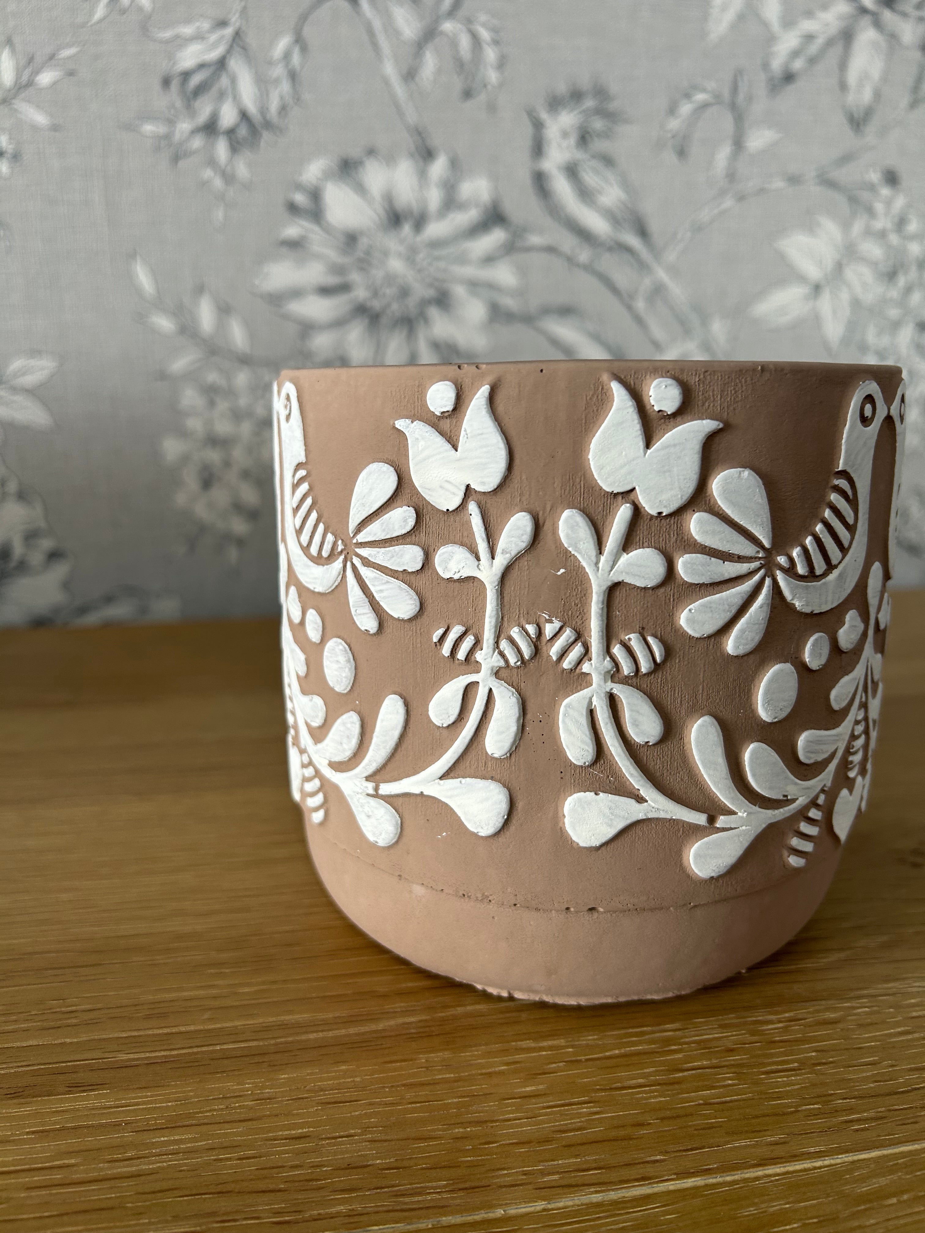 Folk Art Bird Design Pot Beige Medium