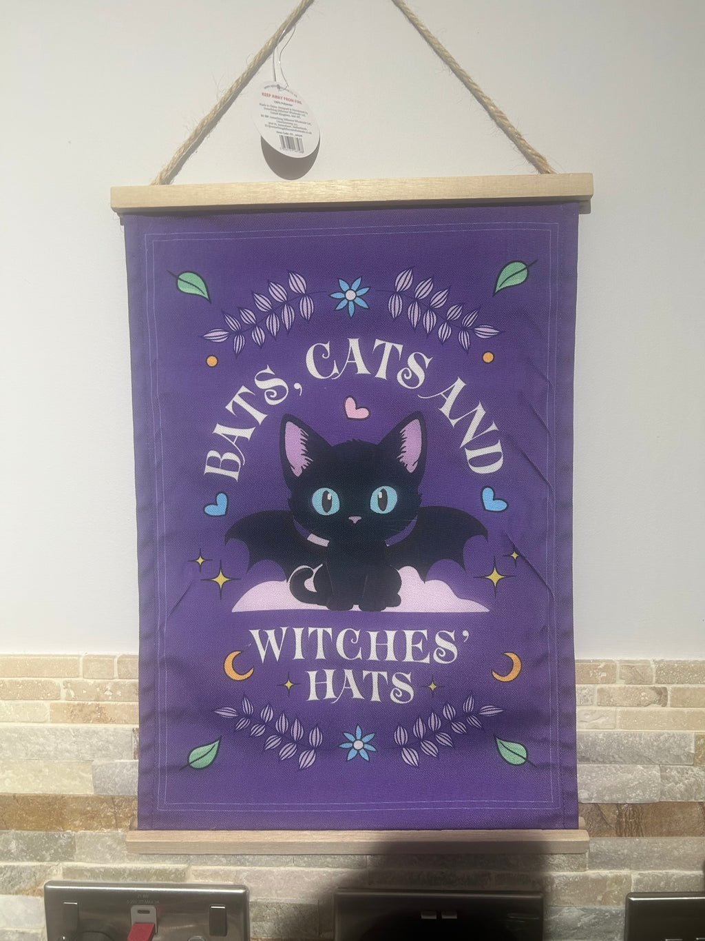 Bats Cats and Witches Hats hanging fabric wall art