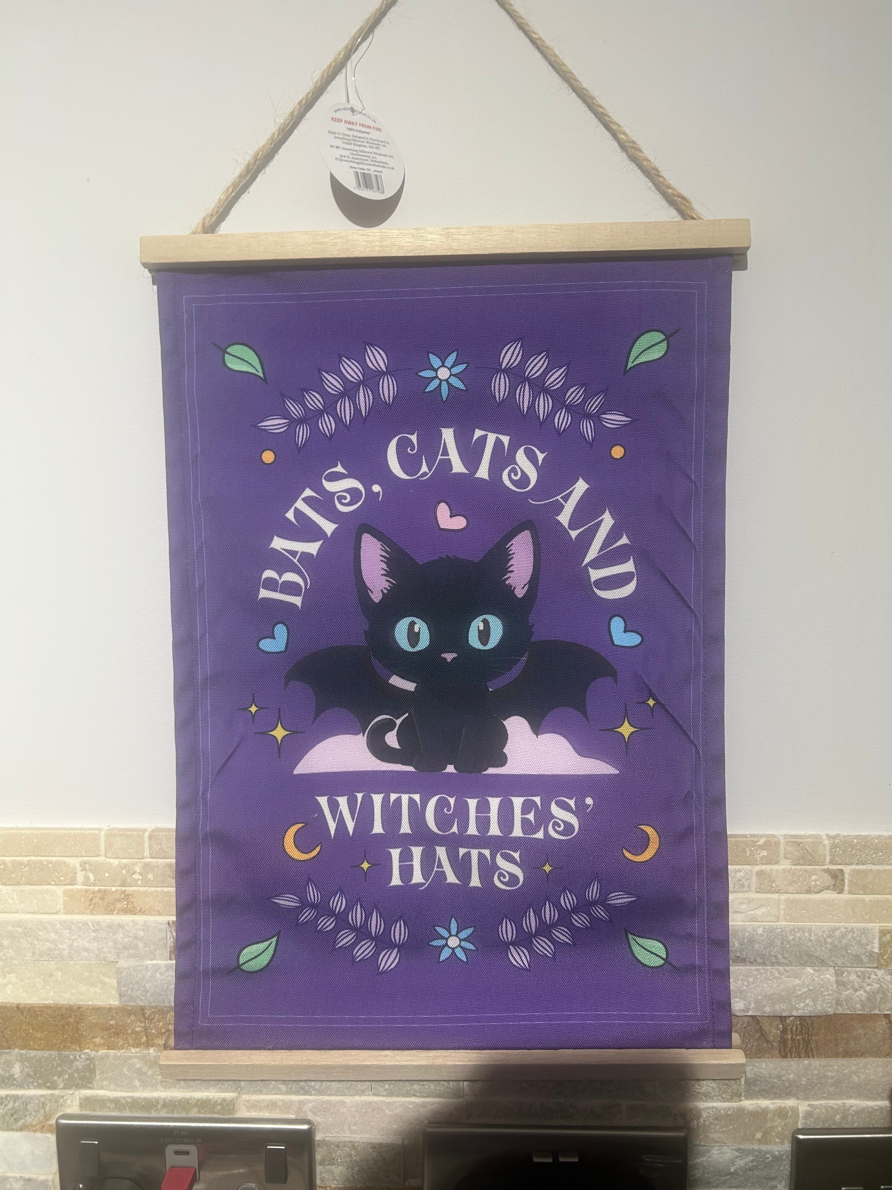 Bats Cats and Witches Hats hanging fabric wall art