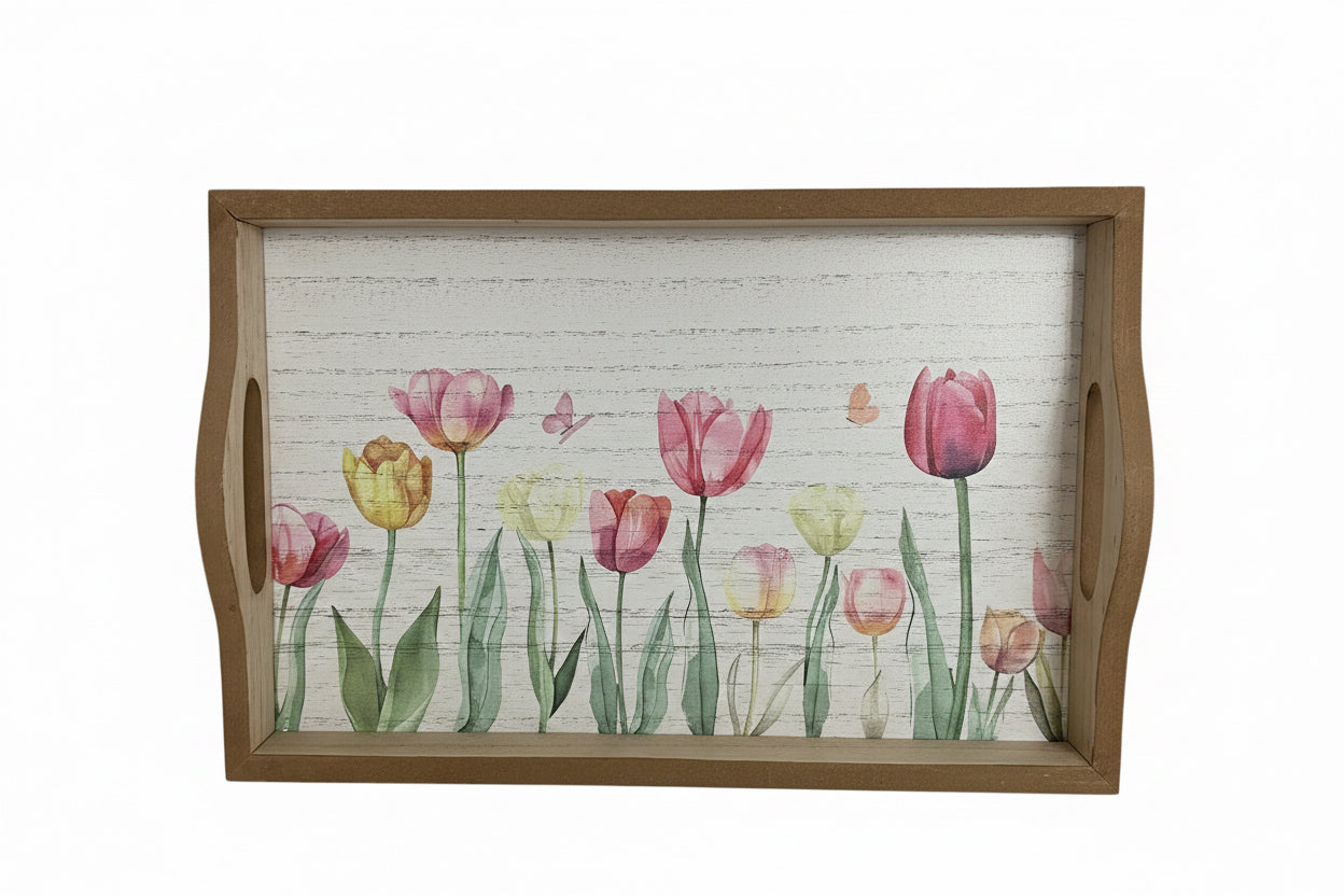 Decorative tray with tulip design and wooden frame on a white background