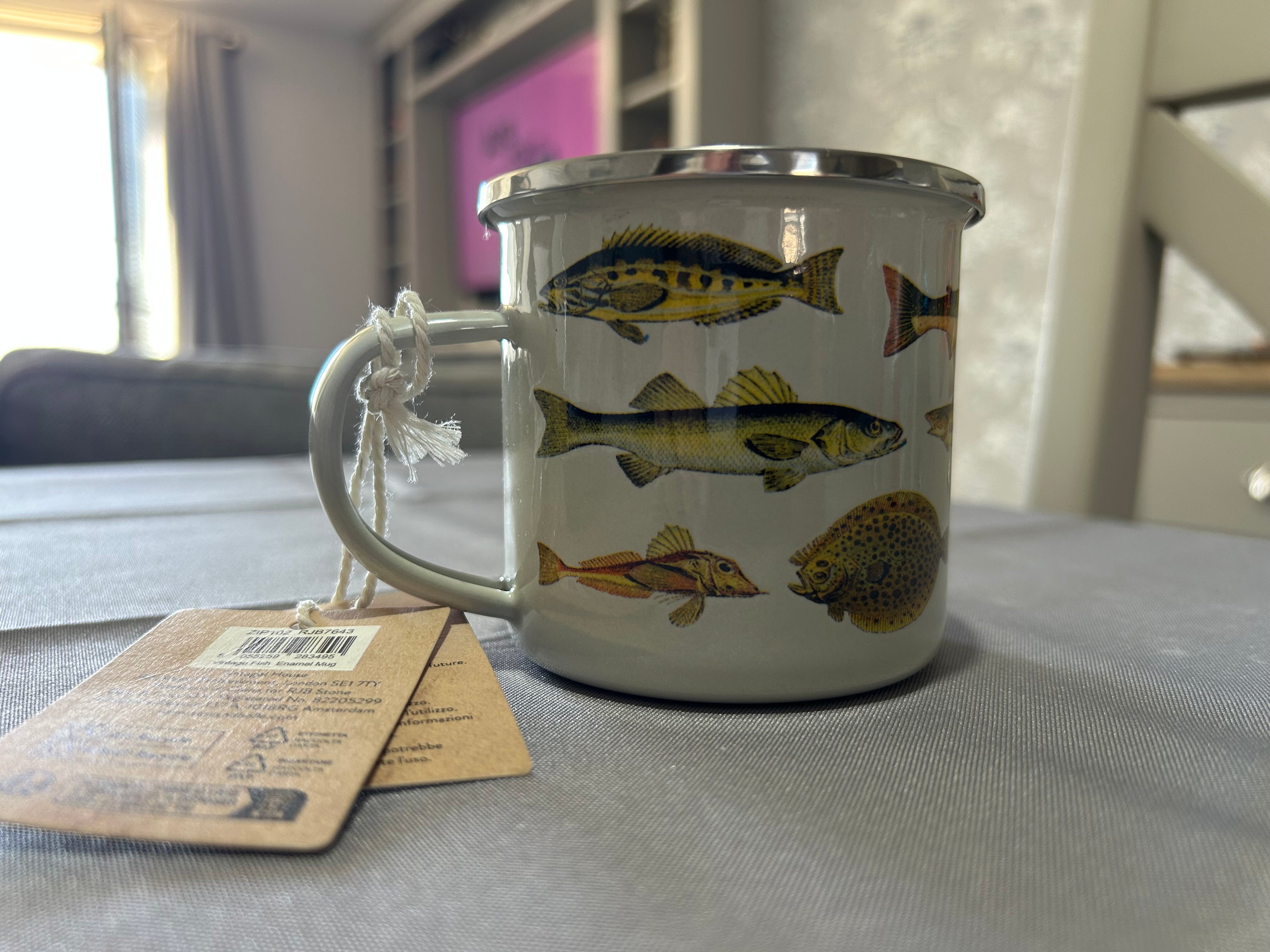 Sass & Belle vintage fish Pattern Enamel Metal Tin Mug Cup
