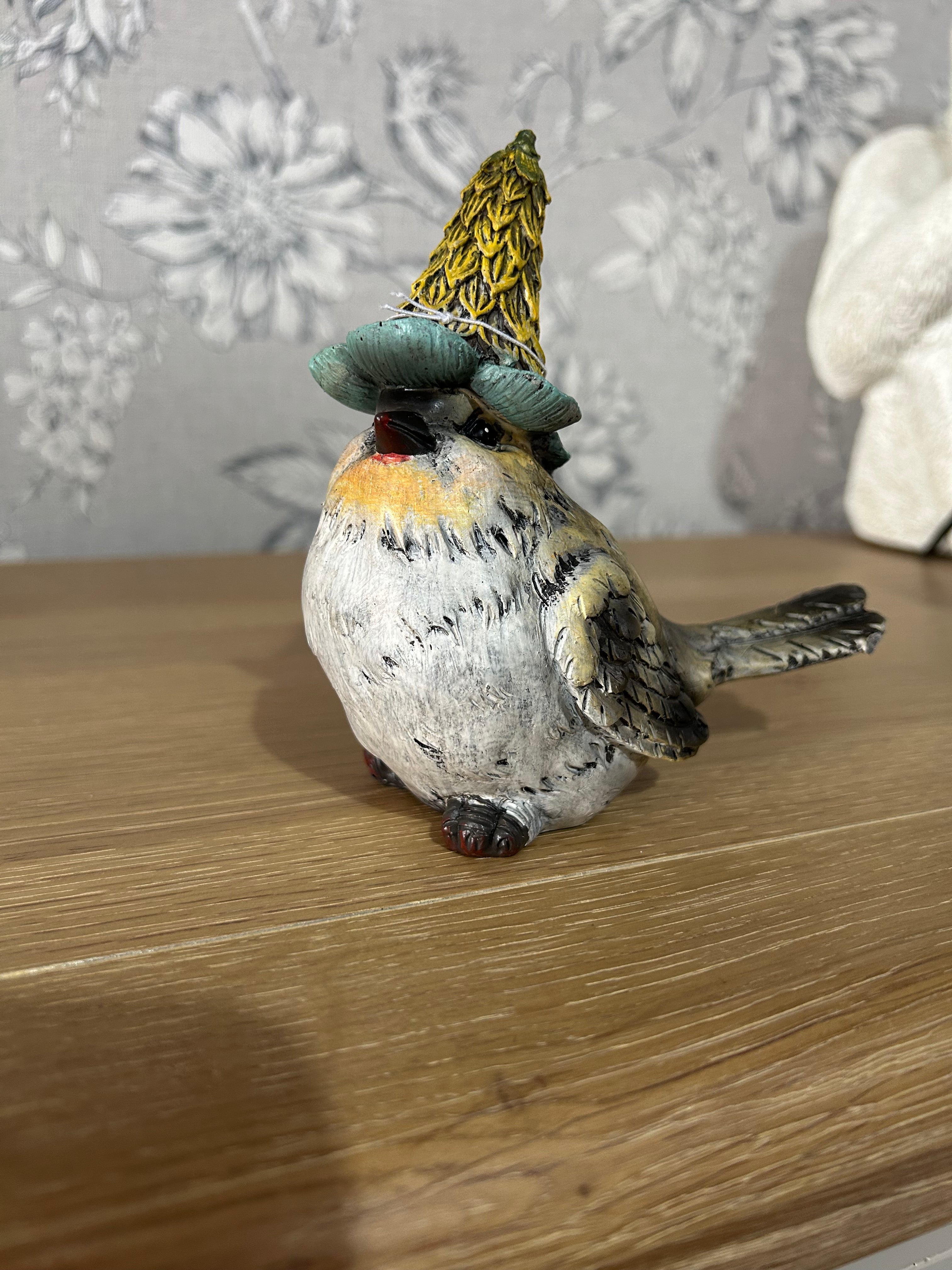 Resin Birds in a Blue and Yellow floral Hat