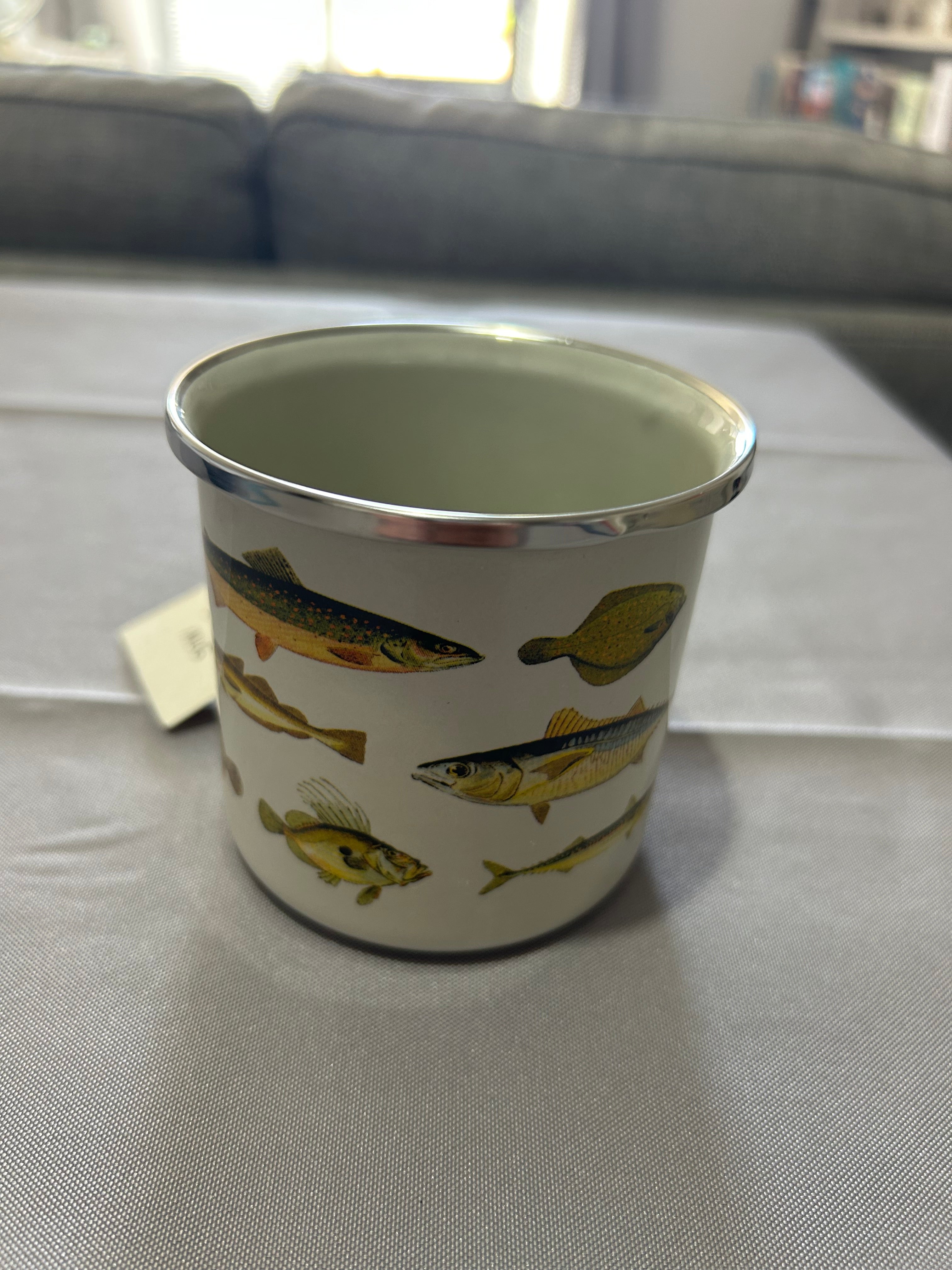 Sass & Belle vintage fish Pattern Enamel Metal Tin Mug Cup
