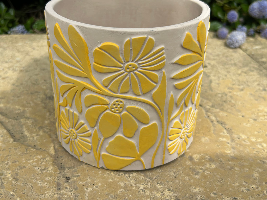 Yellow Floral Cement Plant Pot Large