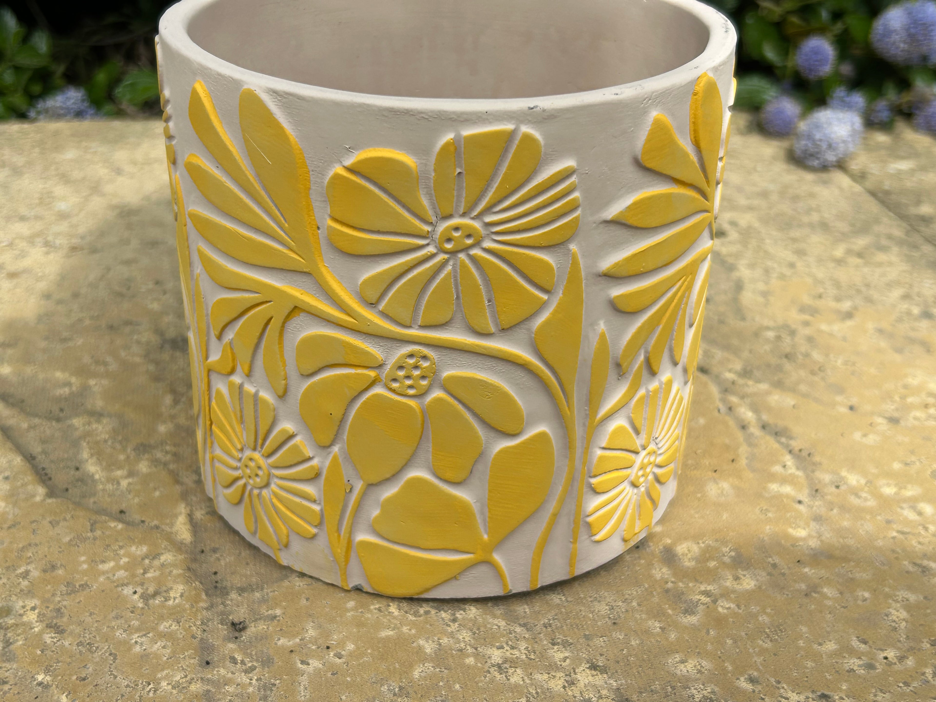 Yellow Floral Cement Plant Pot Large