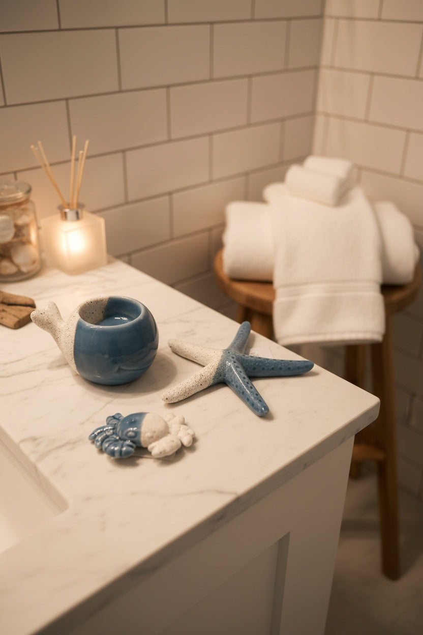 Bathroom counter with decorative items including a blue candle and starfish, with towels and a candle in the background.
