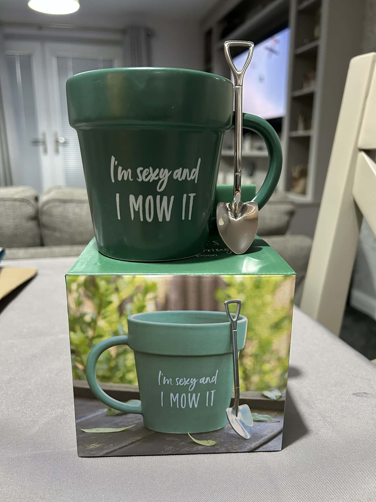 I'm Sexy and I Mow It Novelty Mug And Shovel Tea Spoon.