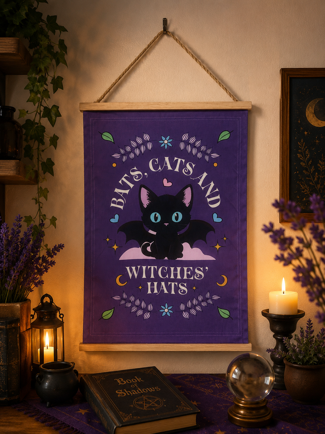 Bats Cats and Witches Hats hanging fabric wall art