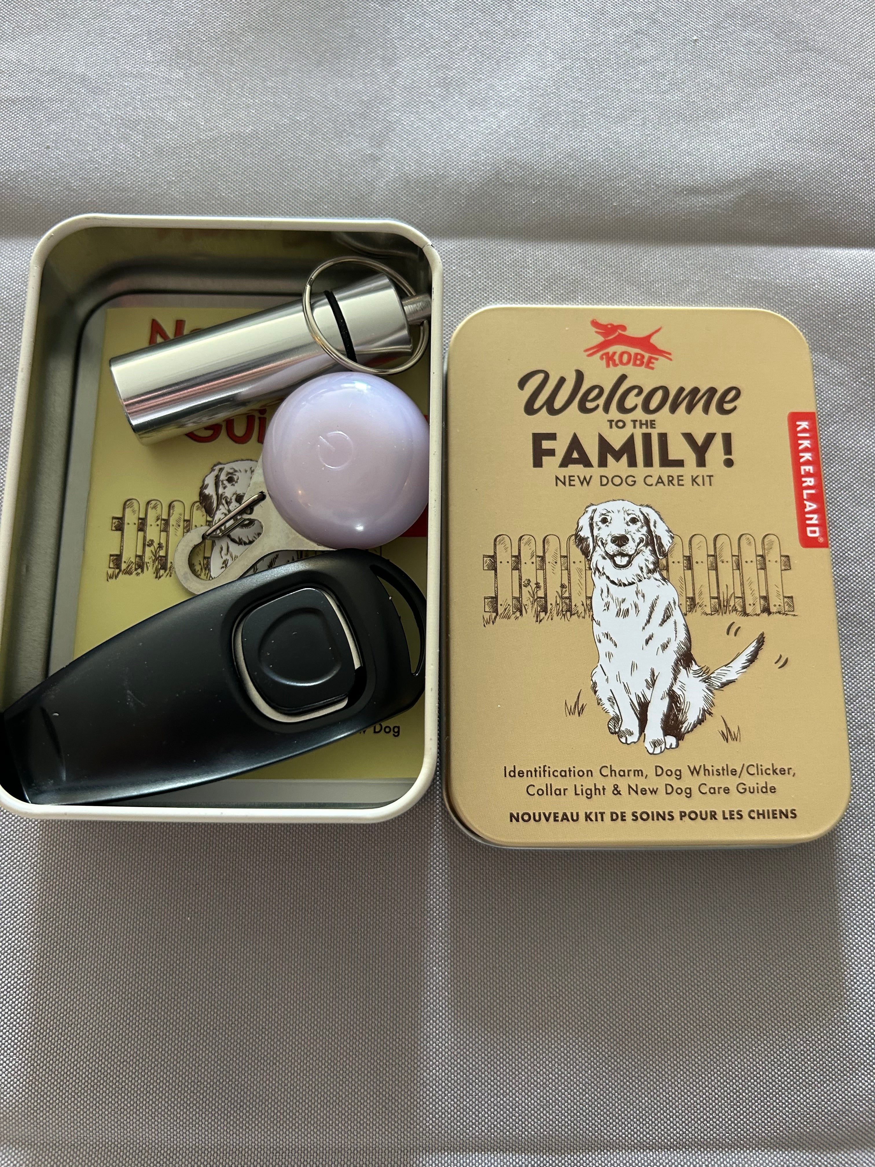 Welcome To The Family New Dog Care Kit ID Charm Whistle/Clicker Collar Light