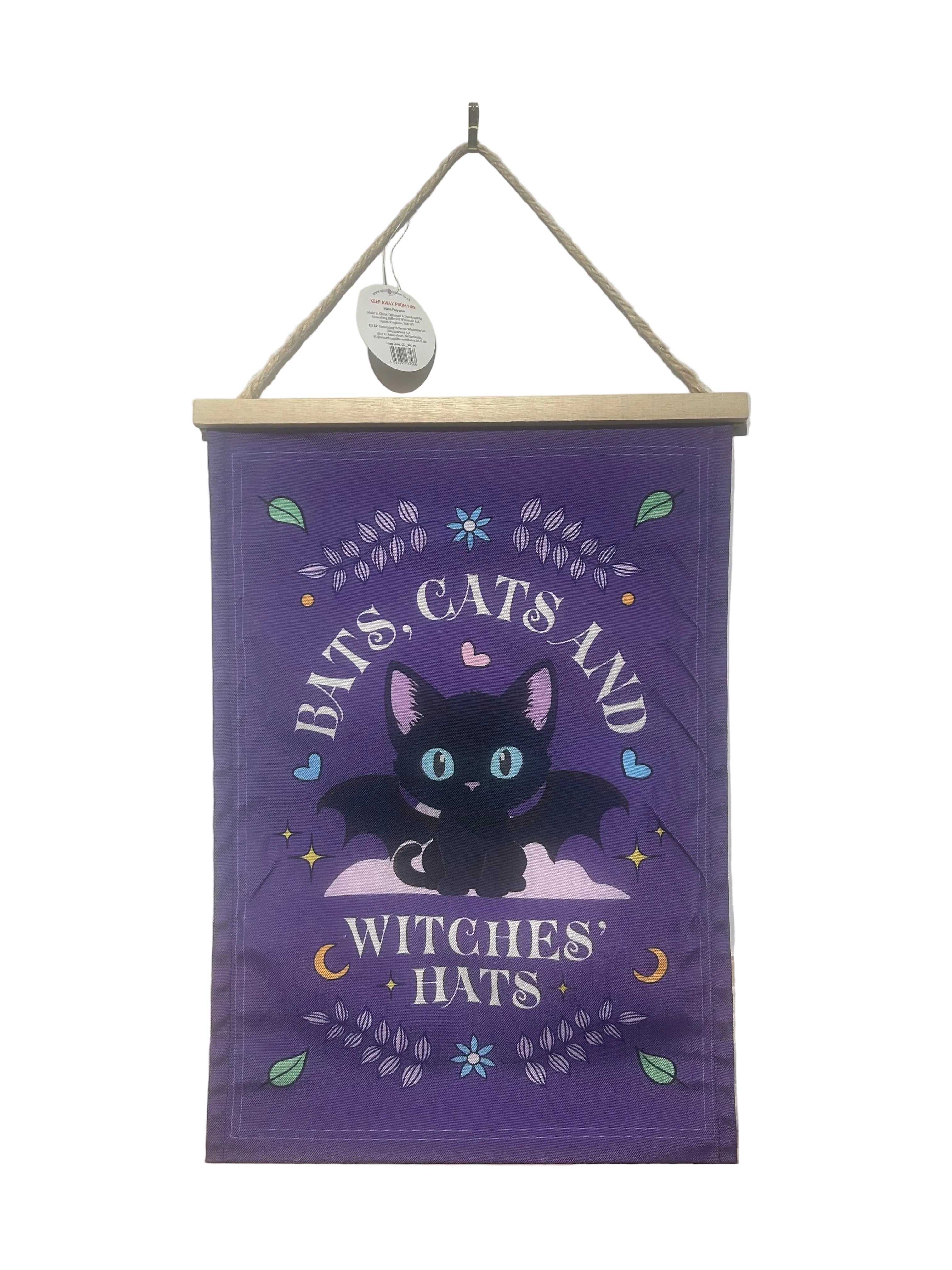 Bats Cats and Witches Hats hanging fabric wall art