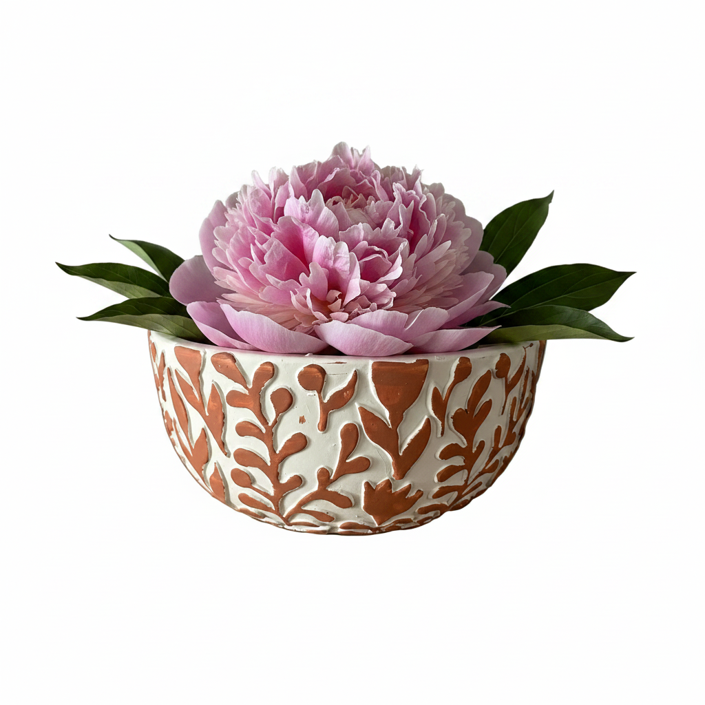 Pink flower in a decorative ceramic bowl on a white background