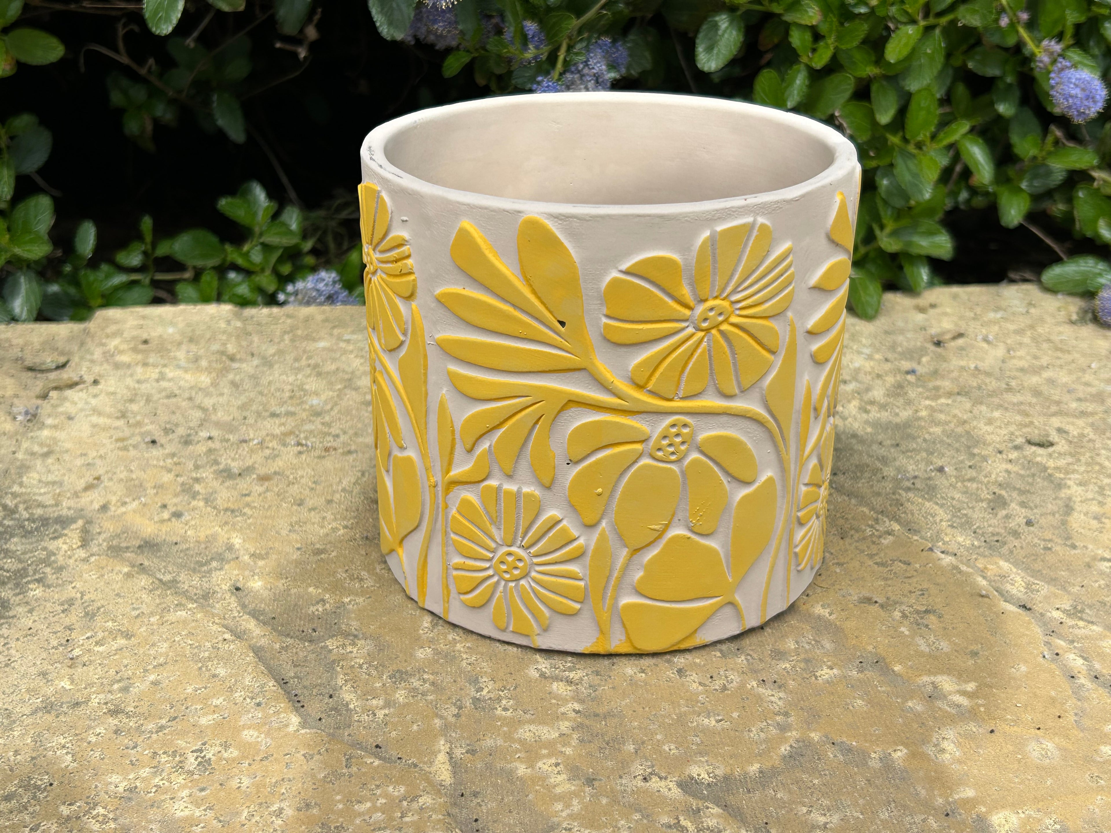 Yellow Floral Cement Plant Pot Large