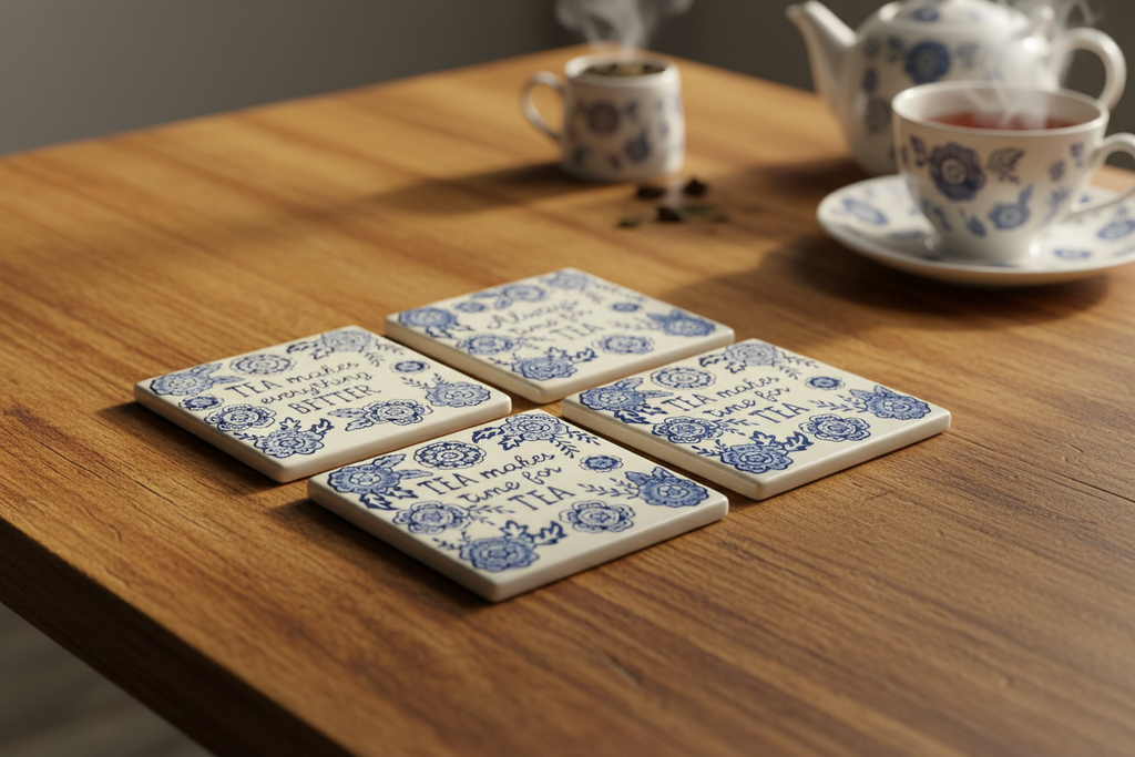 Set of 4 Blue Willow Ceramic Coasters Heat Resistant Sass & Belle