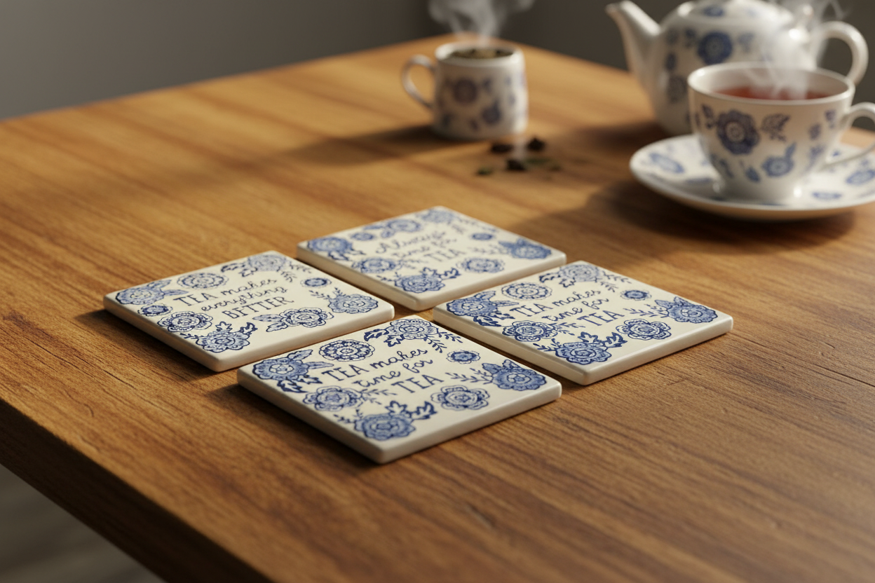 Set of 4 Blue Willow Ceramic Coasters Heat Resistant Sass & Belle