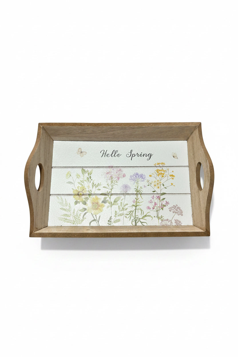 Wooden tray with floral design and 'Hello Spring' text on a white background