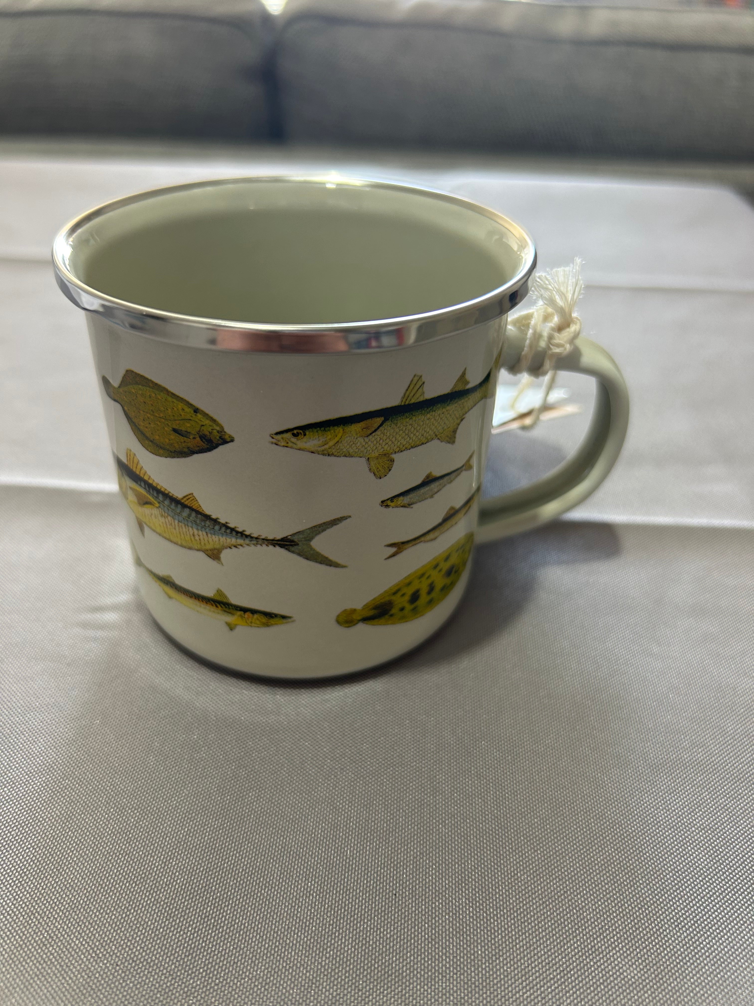 Sass & Belle vintage fish Pattern Enamel Metal Tin Mug Cup
