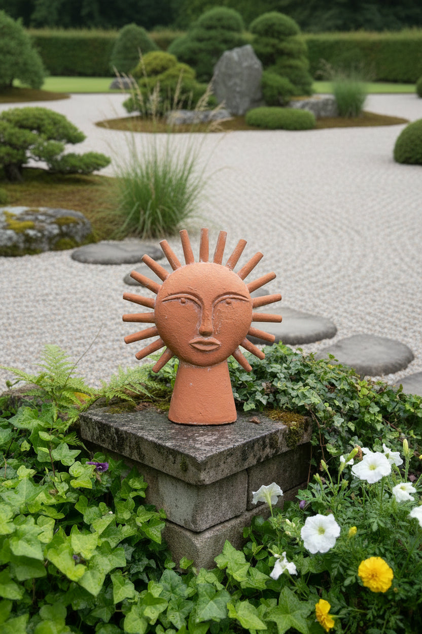 Sun-shaped garden sculpture on a stone pedestal in a garden setting with plants and flowers.