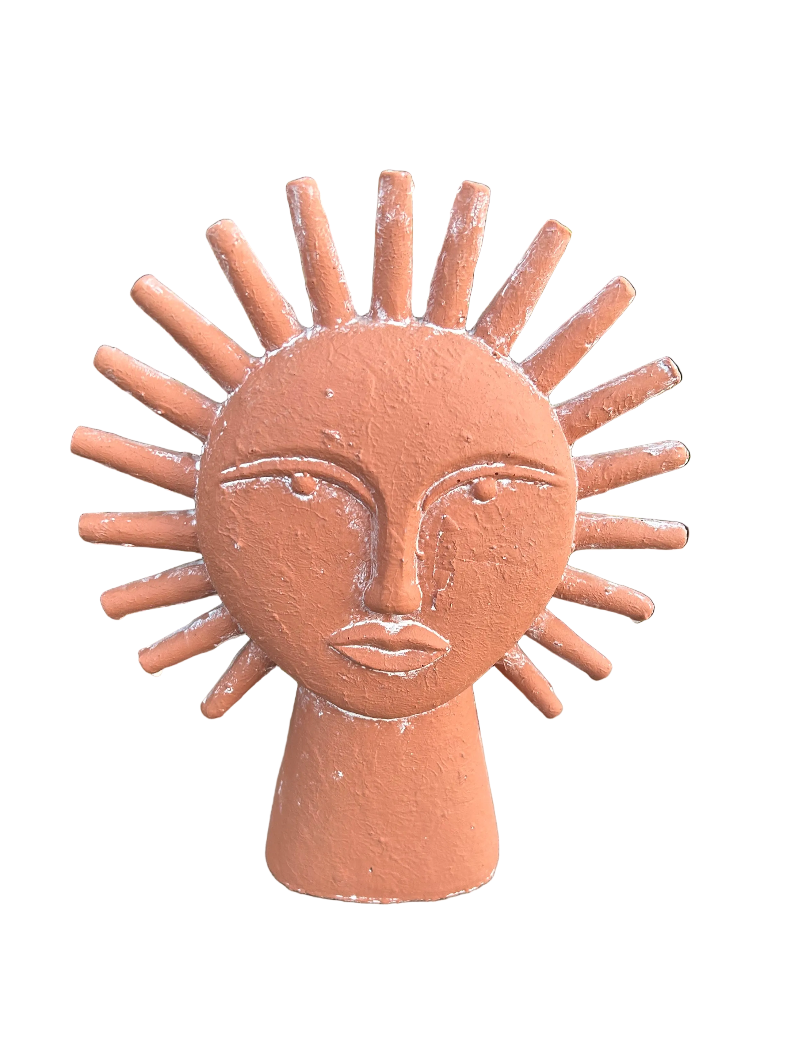 Ceramic sun-shaped face with rays on a white background