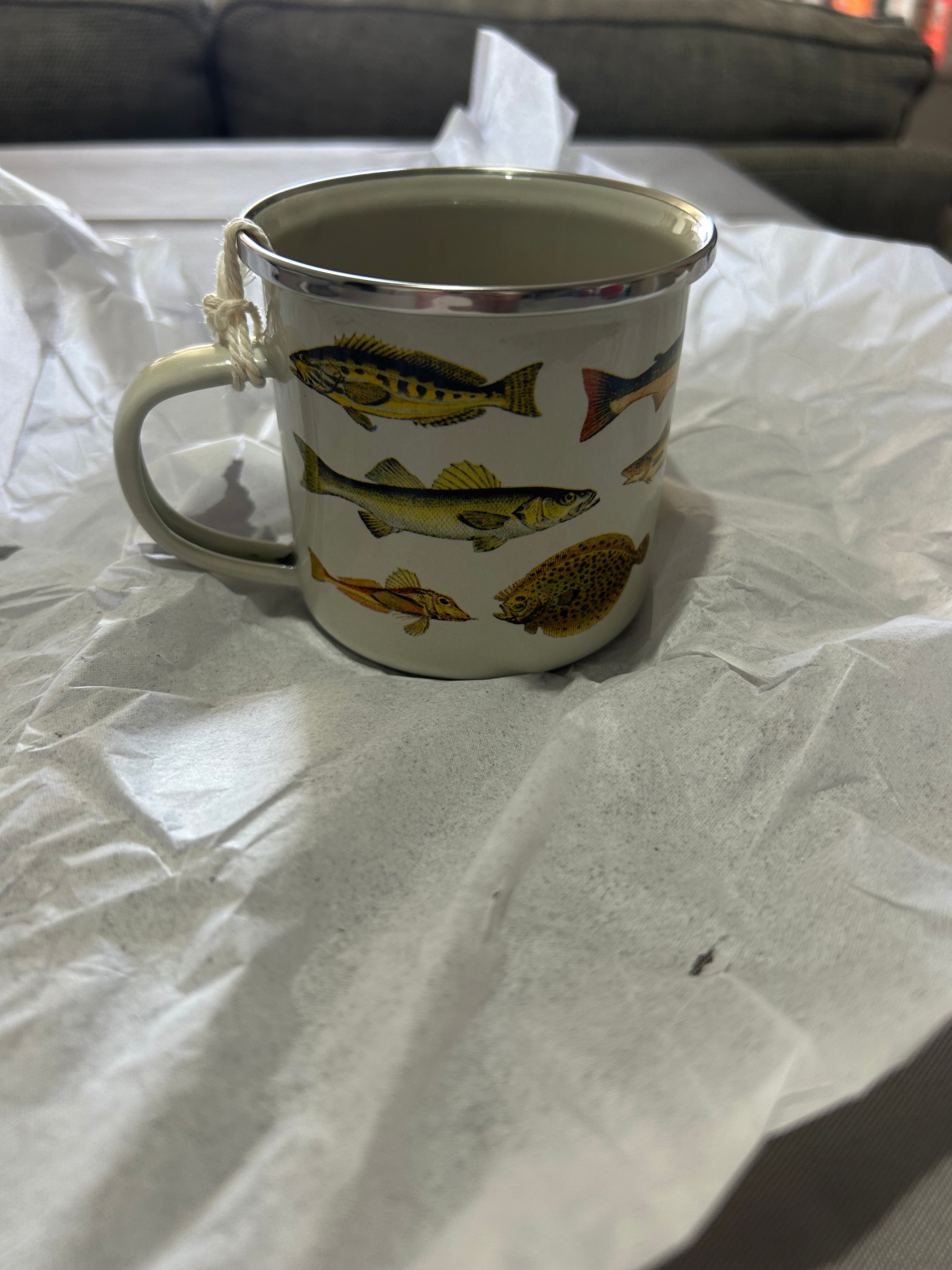 Sass & Belle vintage fish Pattern Enamel Metal Tin Mug Cup