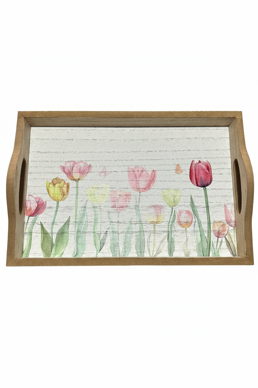 Wooden tray with tulip design on a white background