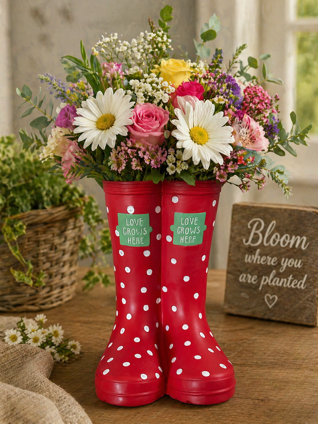 Red Welly Boot Shaped Garden Planter. Wellington Boot Plant Pot