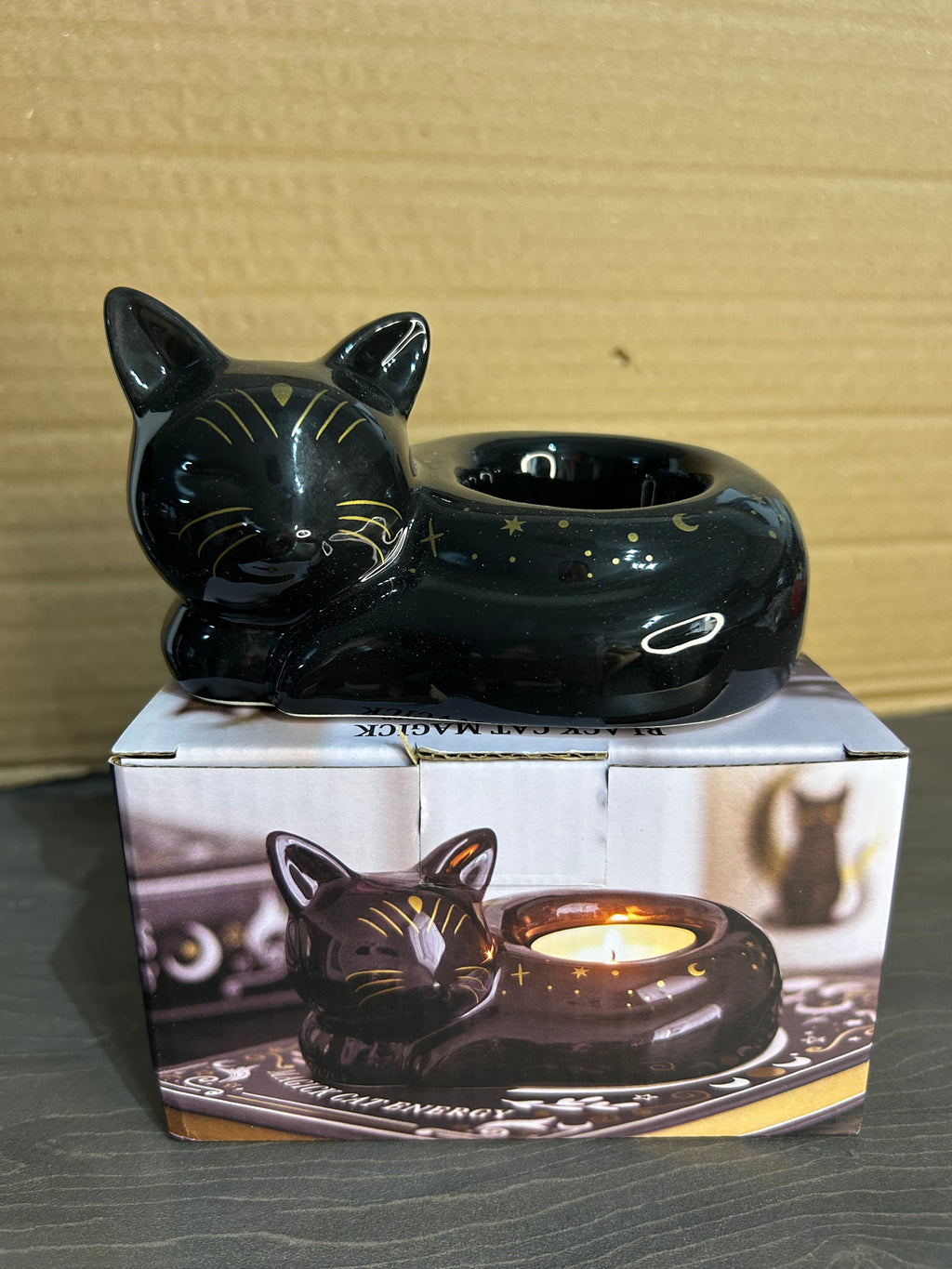 Black Cat Magick curled cat tea light holder