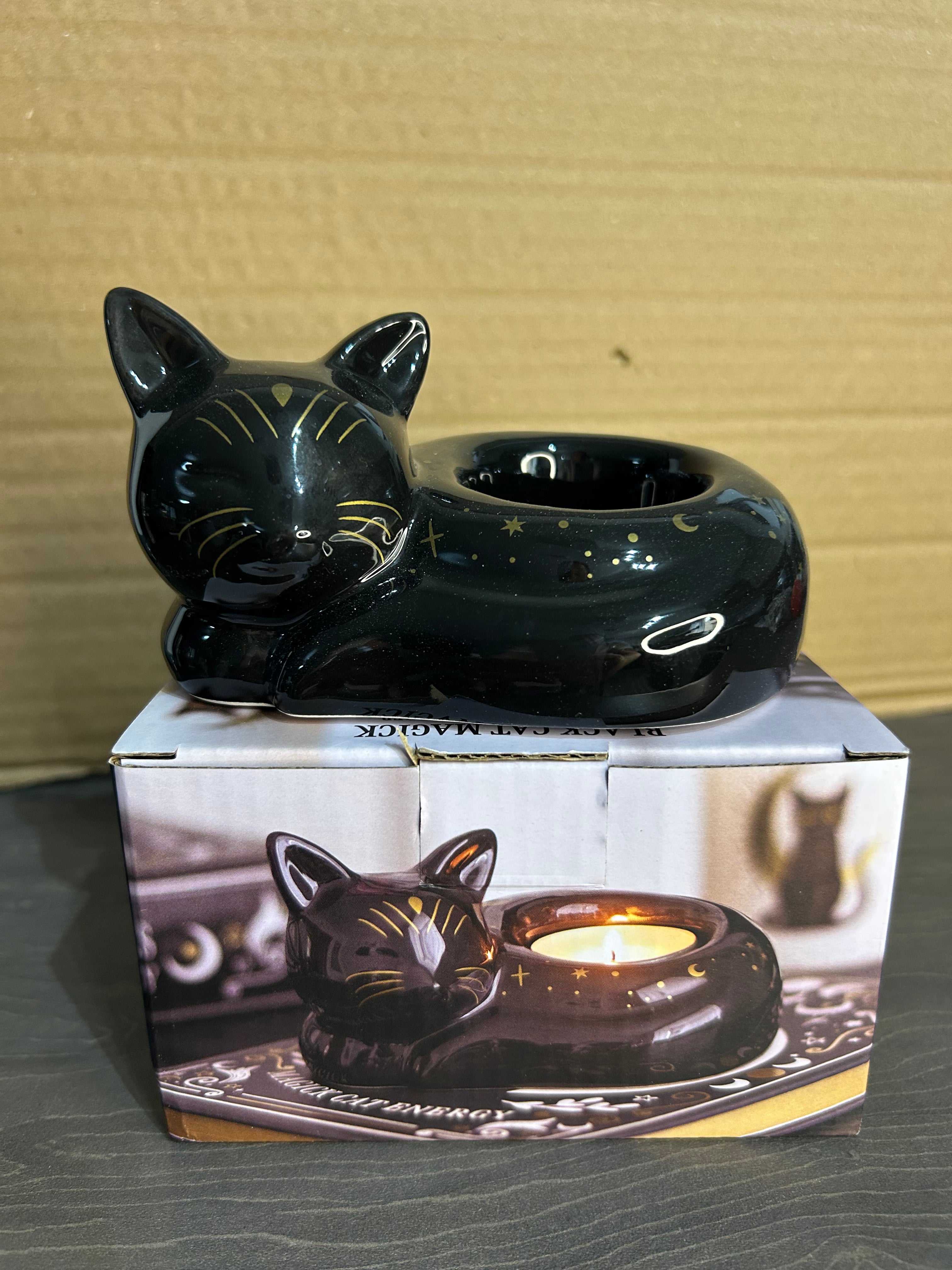Black Cat Magick curled cat tea light holder