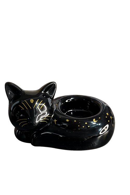 Black Cat Magick curled cat tea light holder