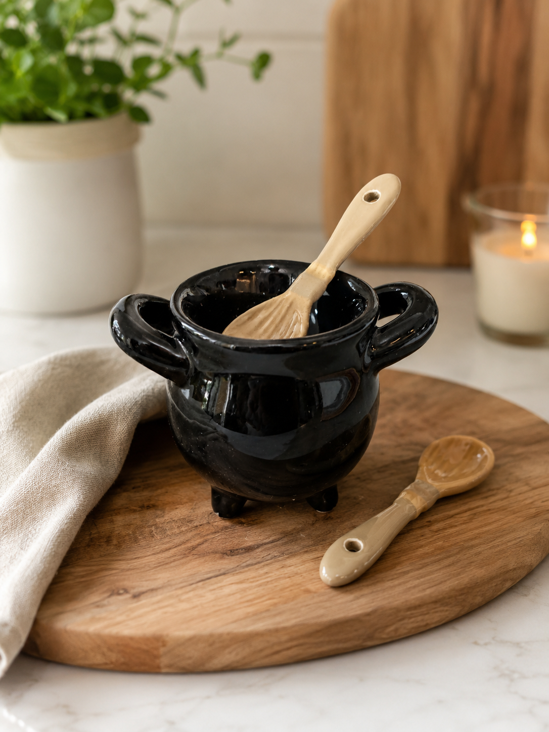 Cauldron Egg Cup complete  with ceramic broom spoon