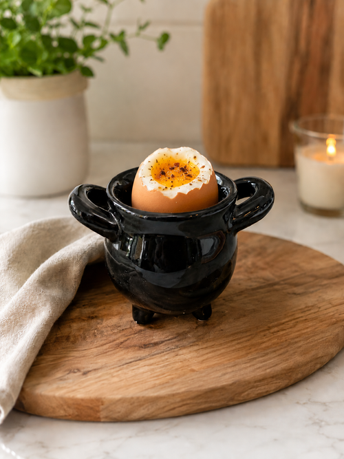 Cauldron Egg Cup complete  with ceramic broom spoon