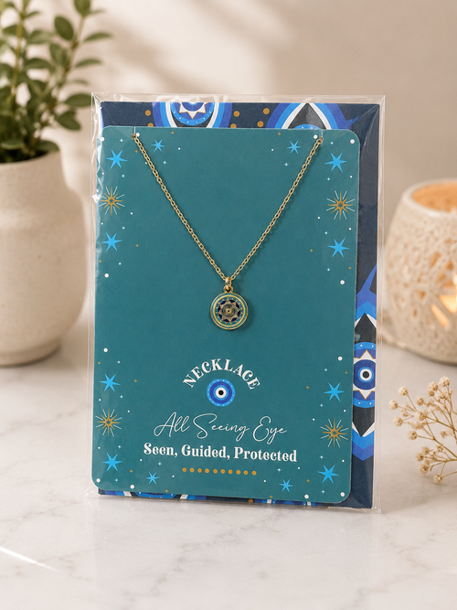 All seeing eye necklace in greeting card