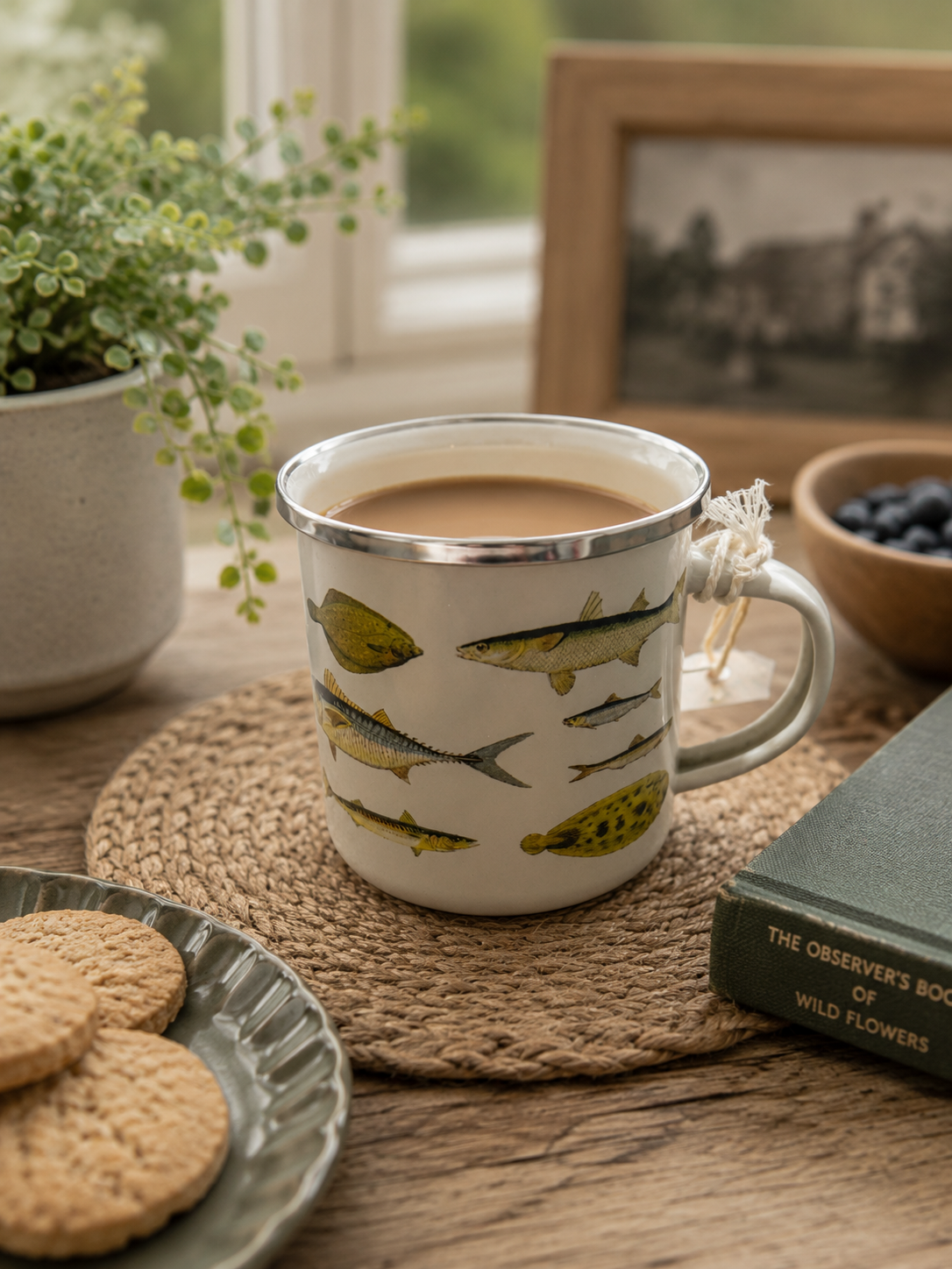 Sass & Belle vintage fish Pattern Enamel Metal Tin Mug Cup